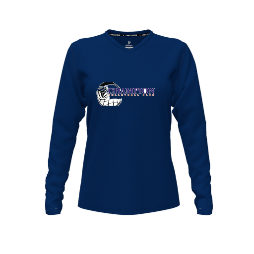 [CUS-DFW-TEES-CMF-VNK-LSL-NVY-FYXS-LOGO1] Comfort T-Shirt (Female Youth XS, Navy, V Neck, Logo 1, Long Sleeve)