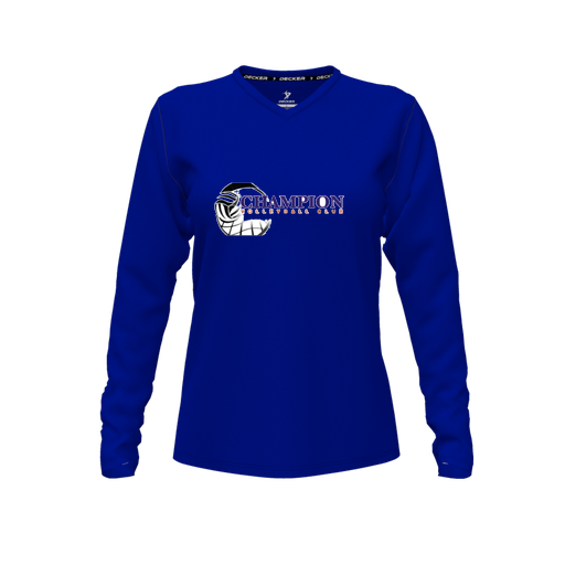 [CUS-DFW-TEES-PER-VNK-LSL-RYL-FYXS-LOGO1] Performance T-Shirt (Female Youth XS, Royal, V Neck, Logo 1, Long Sleeve)