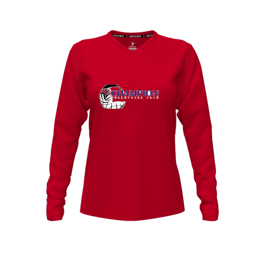 [CUS-DFW-TEES-PER-VNK-LSL-RED-FYXS-LOGO1] Performance T-Shirt (Female Youth XS, Red, V Neck, Logo 1, Long Sleeve)