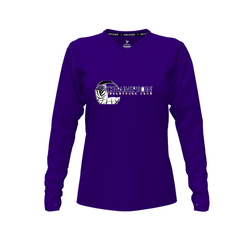 [CUS-DFW-TEES-PER-VNK-LSL-PUR-FYXS-LOGO1] Performance T-Shirt (Female Youth XS, Purple, V Neck, Logo 1, Long Sleeve)